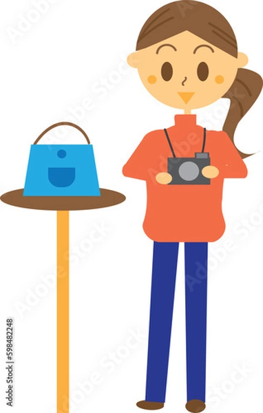 Obraz オークションサイトに出品する商品を撮影している女性のイラスト・SNS映え・カメラ・撮影