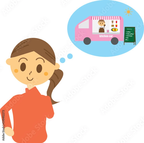 Fototapeta キッチンカーでの独立開業を夢見る女性のイラスト・移動販売・想像目標・起業