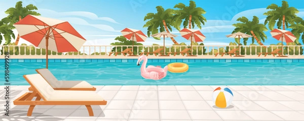 Obraz Swimming pool in hotel or resort outdoors, empty poolside with chaise lounges, umbrella, inflatable flamingo and ball in water, exotic beach landscape seaview background. Cartoon vector illustration