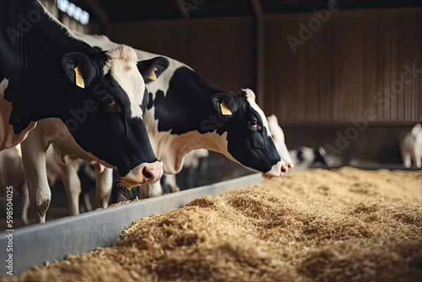 Fototapeta Healthy dairy cows feeding on fodder standing in row of stables in cattle farm barn with worker adding food for animals in blurred background.