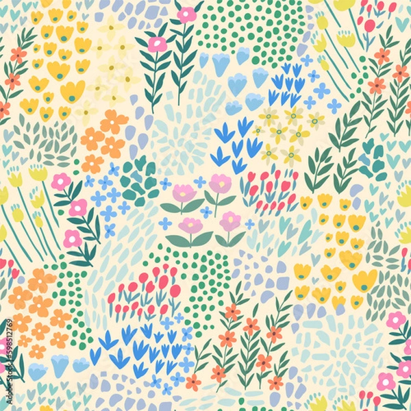 Fototapeta A pattern of abstract bright spring and summer flowers on a light green background.