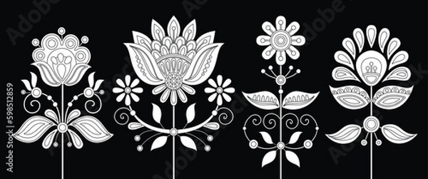 Fototapeta Set of Flowers Inspired by Ukrainian Traditional Embroidery. Ethnic Floral Motif, Handmade Craft Art. Single Design Elements. Coloring Book Page. Vector Contour Illustration