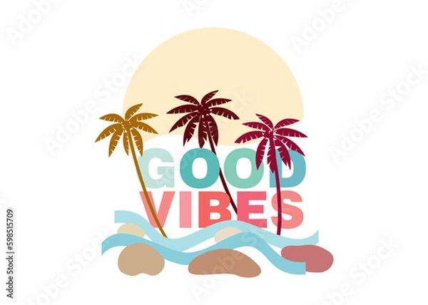 Fototapeta An abstract vector illustration of tall palm trees with the text Good Vibes set behind a Hawaiian sunny day with beach waves and few rocks by the shore