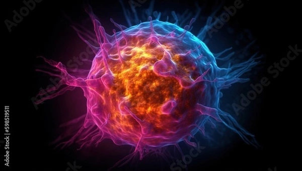 Obraz A cancer cell with a yellow glow, Concept of cancer cell attacking body cell. Generative AI.