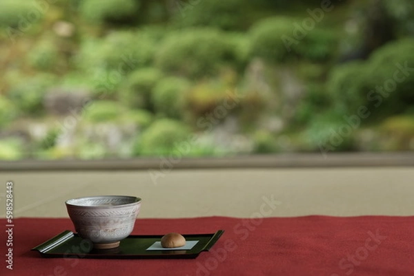 Obraz 抹茶と和菓子、お寺と日本庭園