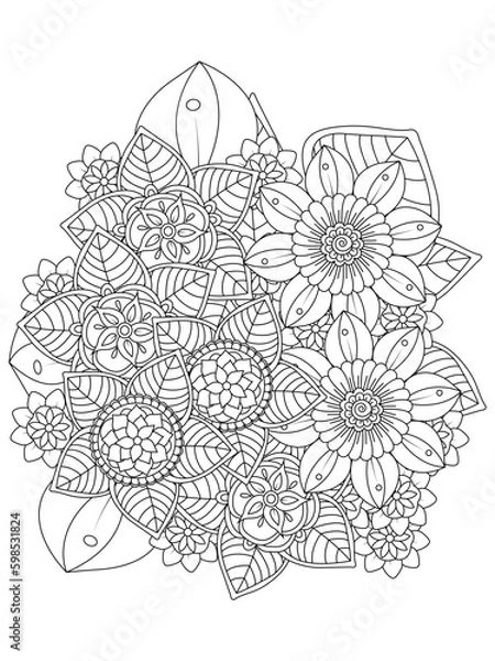 Obraz Coloring book page for adult and kids. Cute doodle composition with abstract flowers and leaves