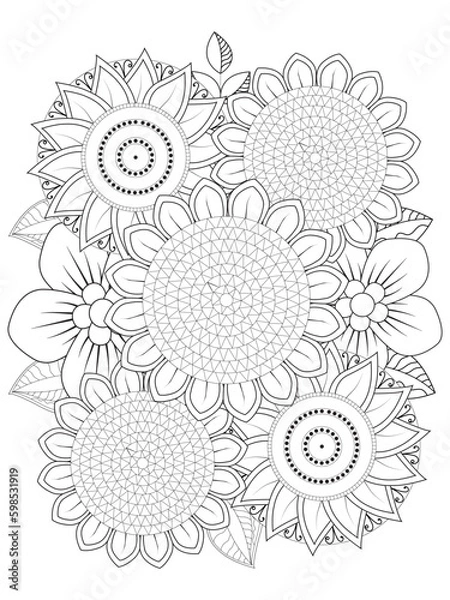 Obraz Coloring book page for adult and kids. Cute doodle composition with abstract flowers and leaves