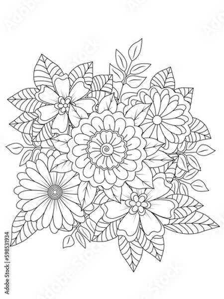 Obraz Coloring book page for adult and kids. Cute doodle composition with abstract flowers and leaves