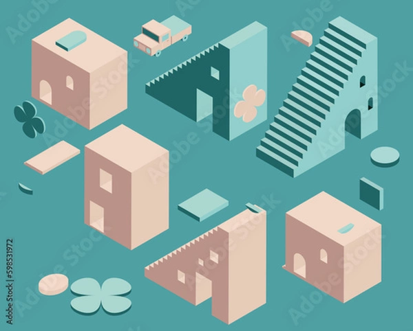 Obraz isometric simple stairs, car, houses vector set