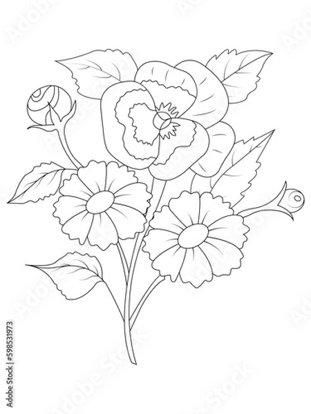 Obraz Coloring book page for adult and kids. Cute doodle composition with abstract flowers and leaves