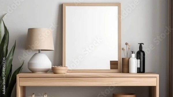 Fototapeta blank wooden picture frame mockup, generative AI illustration