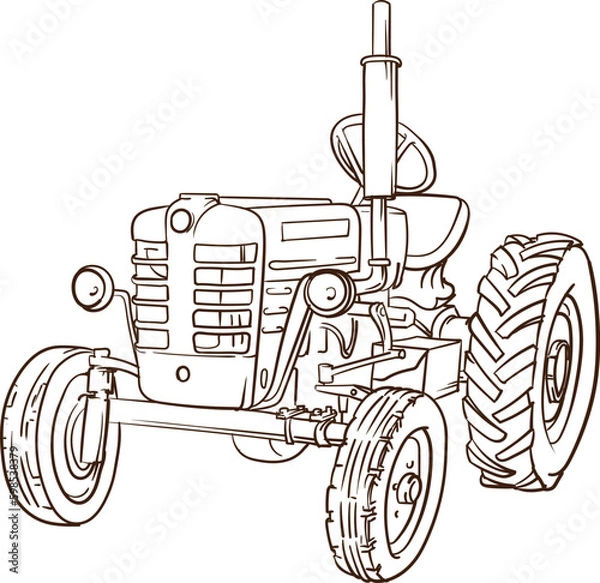 Fototapeta The front view of an old model traktor hand drawn sketch. 