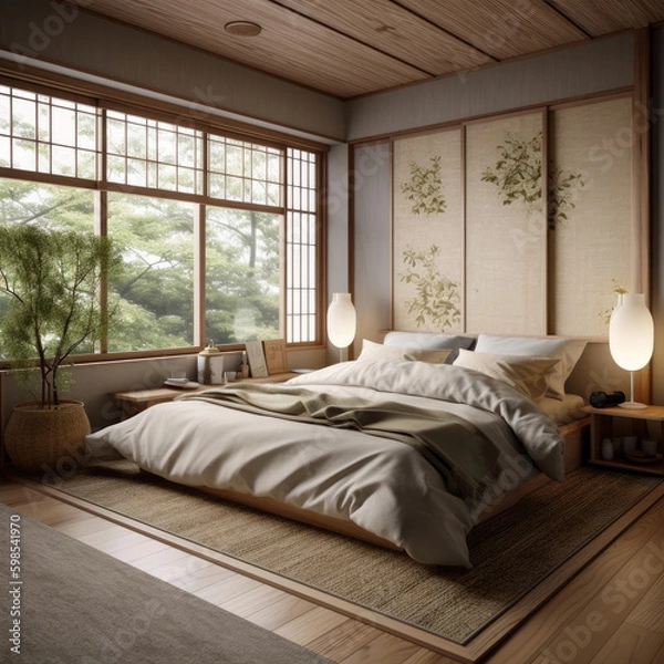 Fototapeta Bedroom for home interior architecture with Japan style, Traditional, Minimalistic with a focus on natural materials and textures
