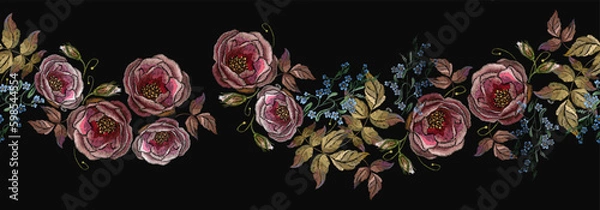 Fototapeta Embroidery buds of red roses on black background. Horizontal seamless pattern. Fashionable template for design of clothes, t-shirt design, tapestry flowers renaissance style