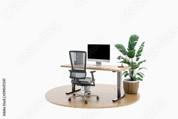 Fototapeta single isolated computer workspace on wooden podium with adjustable desk and plant; freelance and home office concept; 3D Illustration