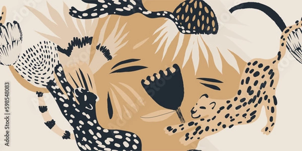 Fototapeta Hand drawn exotic abstract print with leopards. Bohemian style collage contemporary seamless pattern. Fashionable template for design.