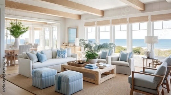 Fototapeta  A coastal - inspired living room with a blue and white color scheme, natural wood accents, and ocean views. generative ai