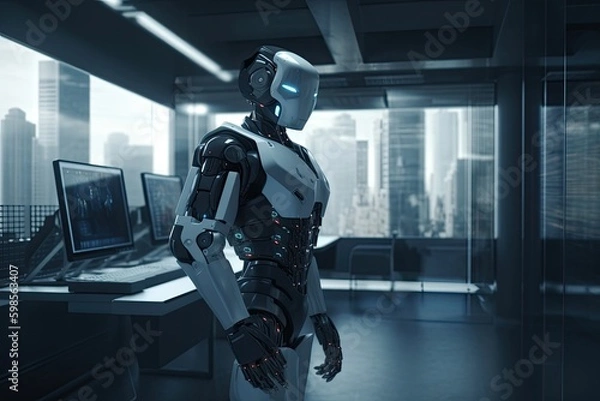 Fototapeta robot using a computer in an office setting. Generative AI Generative AI