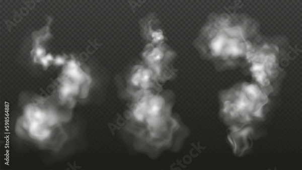 Fototapeta Realistic set of smoke trails in the air isolated on transparent background. Vector illustration of ash clouds.Trace from the plane or exhaust from the pipe