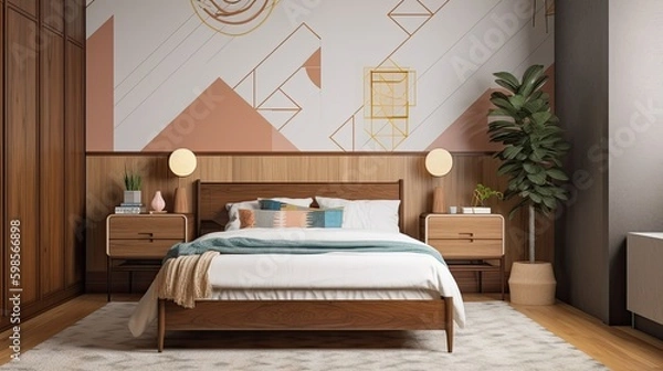 Fototapeta  A mid - century modern bedroom with a geometric accent wall, a platform bed, and vintage decor. generative ai