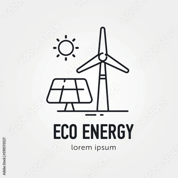 Fototapeta Modern windmill and Solar Panel Battery - bio farming, energy saving logo design. Isolated and easy to edit logo template. Wind energy. Wind power. Wind turbine icon.