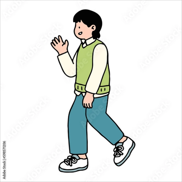 Obraz An illustration shows characters of people walking down the street. Young man are depicted in a side view, walking while isolated on a white background.