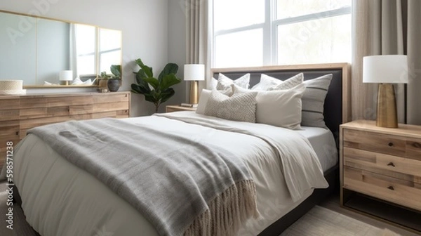 Obraz  A stylish and contemporary guest bedroom with comfortable bedding, plenty of storage, and plenty of natural light. generative ai