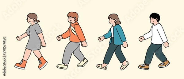 Obraz An illustration shows characters of people walking down the street. Young People are depicted in a side view, walking while isolated on a white background.