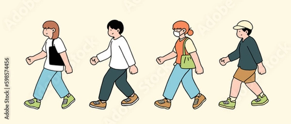 Fototapeta An illustration shows characters of people walking down the street. Young People are depicted in a side view, walking while isolated on a white background.
