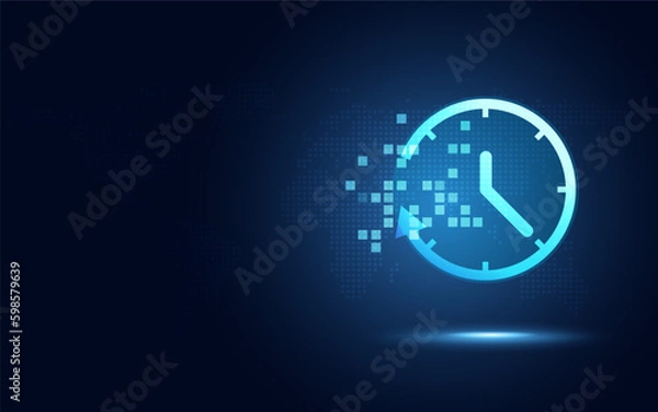 Fototapeta Futuristic time clock hand and clock face digital transformation abstract technology background. Business growth currency stock timer and investment economy. Vector illustration