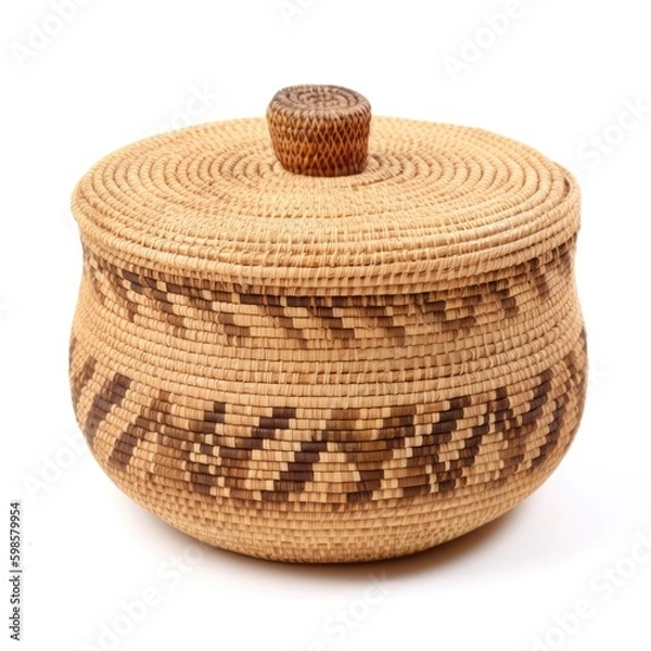 Fototapeta  Handwoven storage basket with a lid isolated on a white background, generative ai