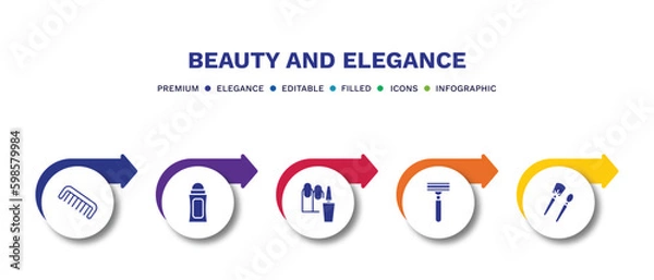 Fototapeta set of beauty and elegance filled icons. beauty and elegance filled icons with infographic template.flat icons such as comb, deodorant, manicure, razor, makeup brush vector.