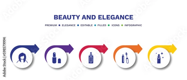 Fototapeta set of beauty and elegance filled icons. beauty and elegance filled icons with infographic template.flat icons such as woman face, inclined lipstick, inclined bottle, mascara, finger with nail
