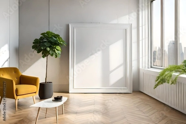Fototapeta White frame mockup in modern interior with plant in trendy vase on white wall background, Template for artwork, painting, photo or poster