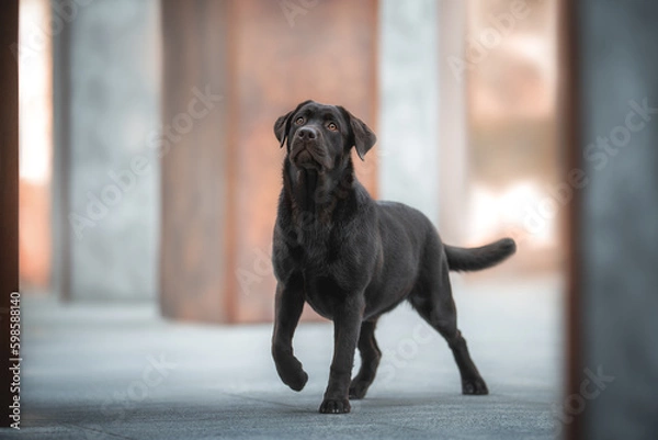 Fototapeta Beautiful chocolate brown labrador retriever dog standing among brown and grey columns