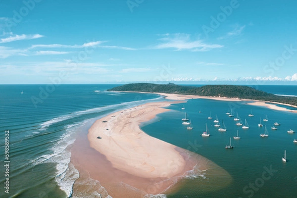 Obraz Boats and 4wd vehicles on the beach at Double Island Point