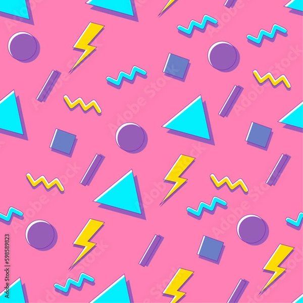 Fototapeta 90's seamless pattern vector art graphic. Design decorative background. Textile graphic in retro style. Geometric abstract colorful artwork.
