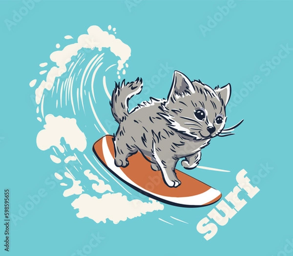 Obraz Cute Kitty surfer cool summer t-shirt print. Cat ride surfboard on big wave.