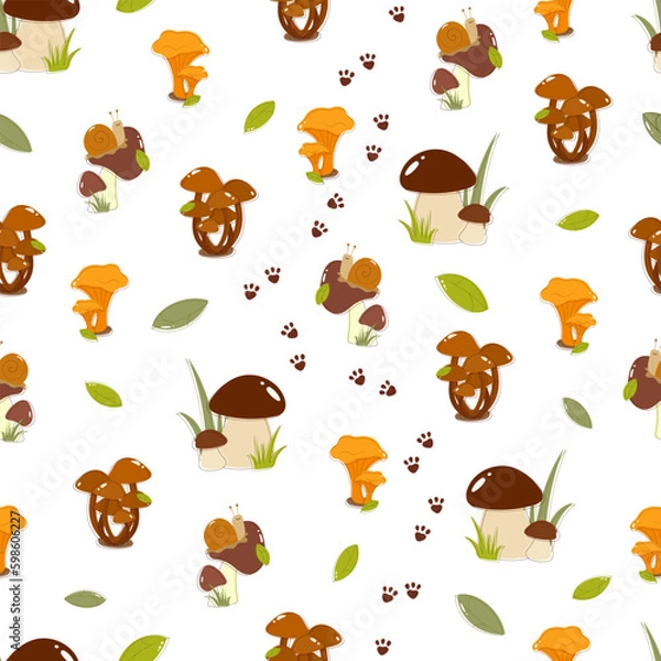 Fototapeta Seamless pattern of mushrooms and snails with footprints in cartoon style for children's textiles and decor. White mushrooms, chanterelles, honey agaric, boletus, cute snails.