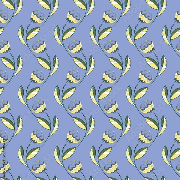 Fototapeta Seamless retro pattern with fantastic flowers, floral ornament on a lilac background. Fantastic print, handmade elements. Home decor. For textiles.