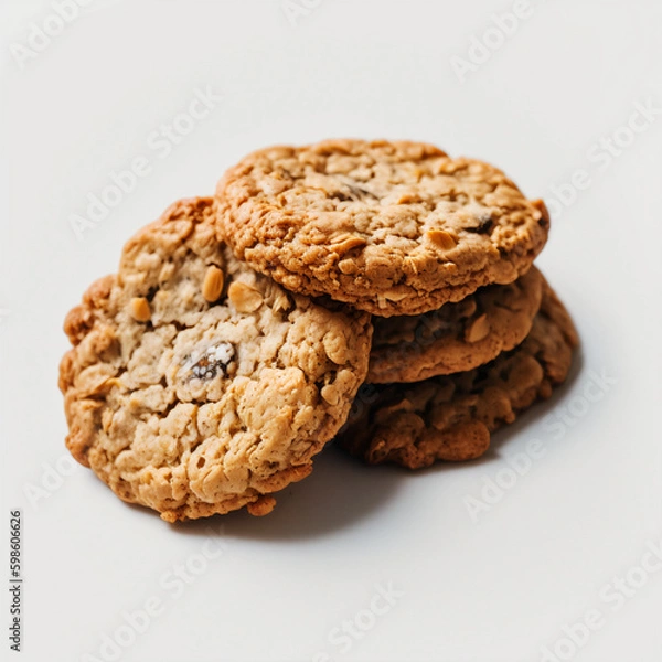 Obraz Oatmeal cookies pile, cereal biscuits on white background, Generative AI