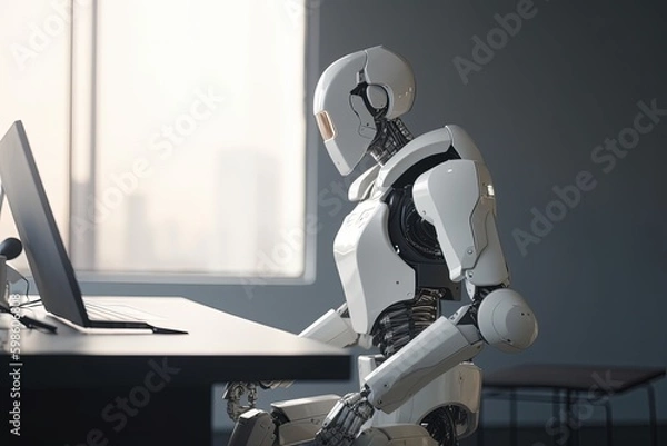 Fototapeta Robot sitting in front of the laptop in a room, artificial intelligence concept. Generative AI