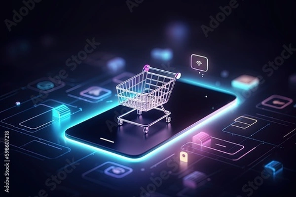 Obraz Shopping cart illustration, ecommerce and business concept, background. Generative AI