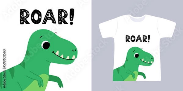 Fototapeta Hand drawn cartoon t rex. Cute dino with the phrase roar. Print for a t shirt with mock up.