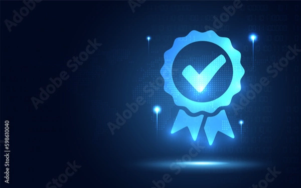 Fototapeta Futuristic badge award medal and business guarantee mark symbol for online digital transformation abstract technology background. Innovative technology and big data concept. Vector illustration