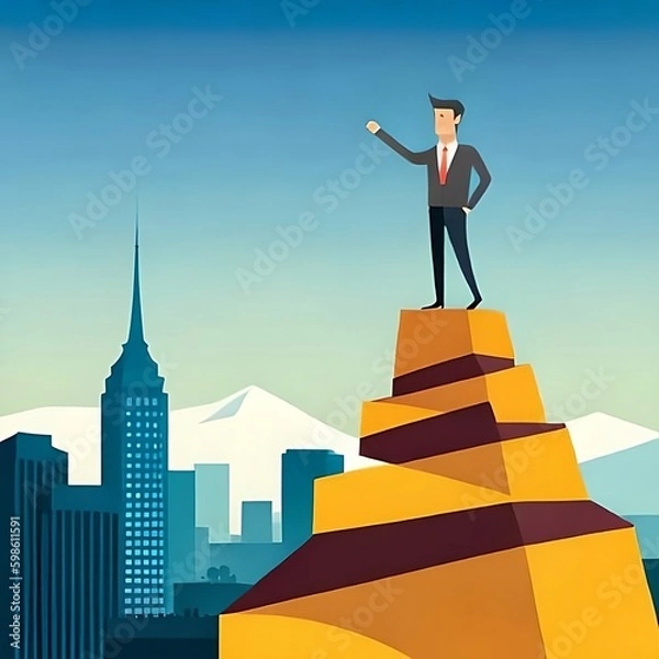 Fototapeta Empowering Business Success: The Concept of Vision, Motivation, Forecasting, and Challenges for Achieving Goals, Depicted by a Confident Businessman Climbing a Rising Graph