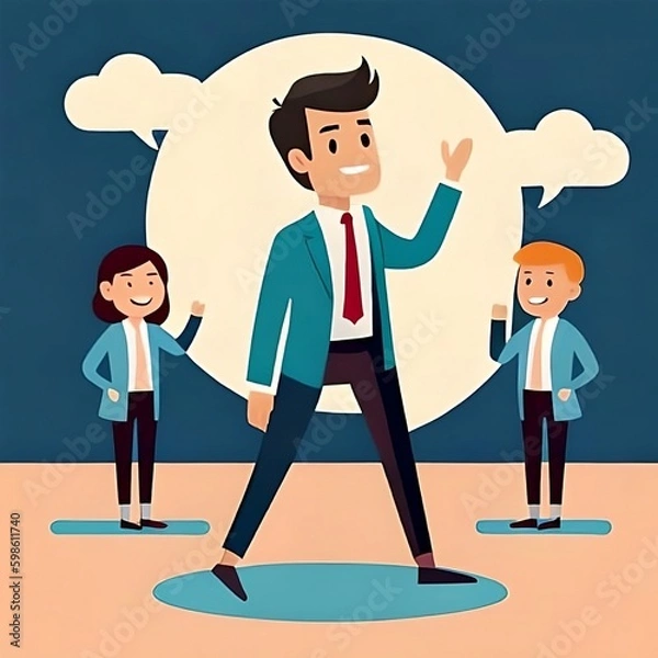 Fototapeta Effective Communication: Mastering Verbal Skills, Storytelling, Public Speaking, and Confident Message Delivery, confidence businessman talking with multiple speech bubbles. vector art