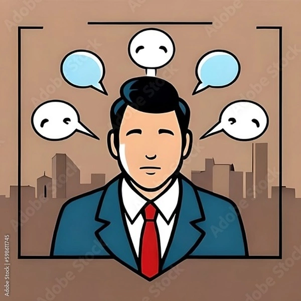 Fototapeta Effective Communication: Mastering Verbal Skills, Storytelling, Public Speaking, and Confident Message Delivery, confidence businessman talking with multiple speech bubbles. vector art