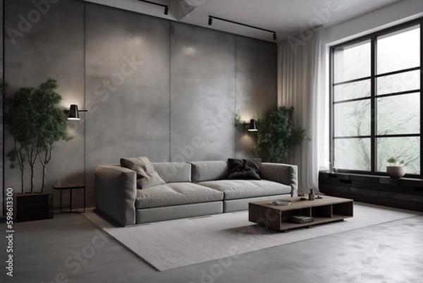 Fototapeta interior indoor concrete wall decor lamp comfortable light grey house home scandinavian stylish lifestyle. Generative AI. Generative AI