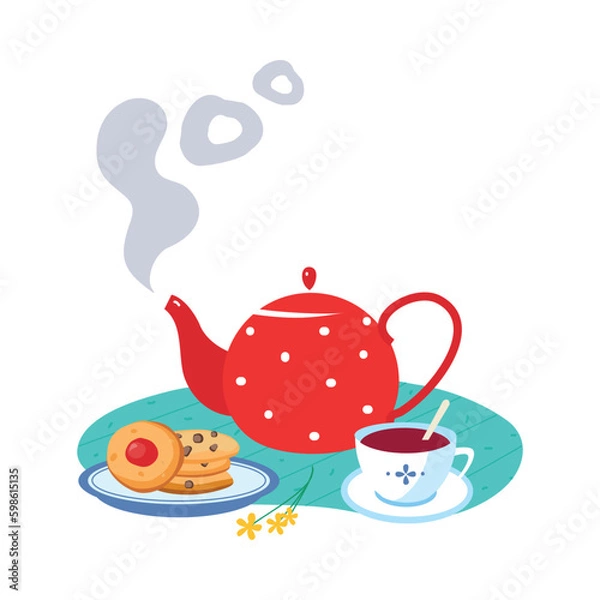 Fototapeta Steaming Teapot, Cookies on Plate and Cup with Coffee as Tasty Breakfast or Brunch with Typical Food Vector Illustration